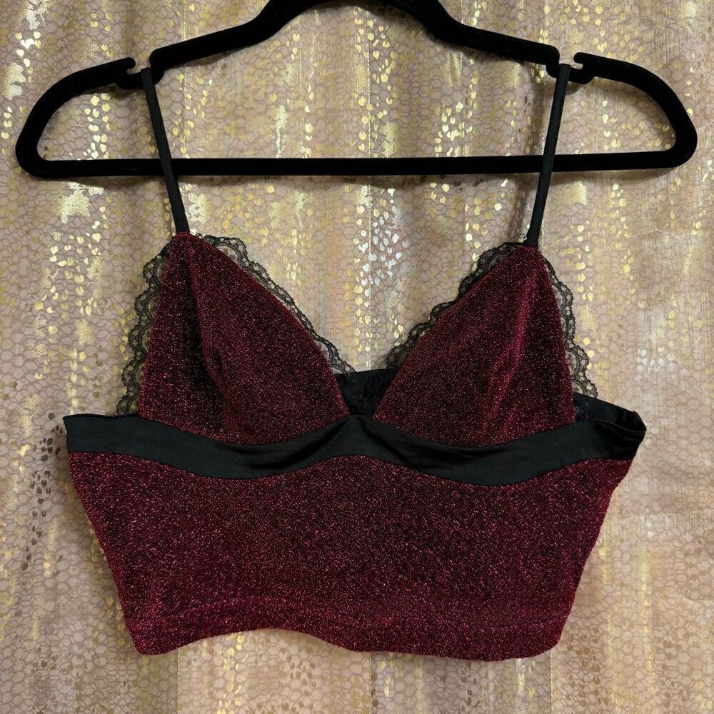 Cider Black Maroon Sparkly Glitter Lace Cropped Tank Top Small NWOT